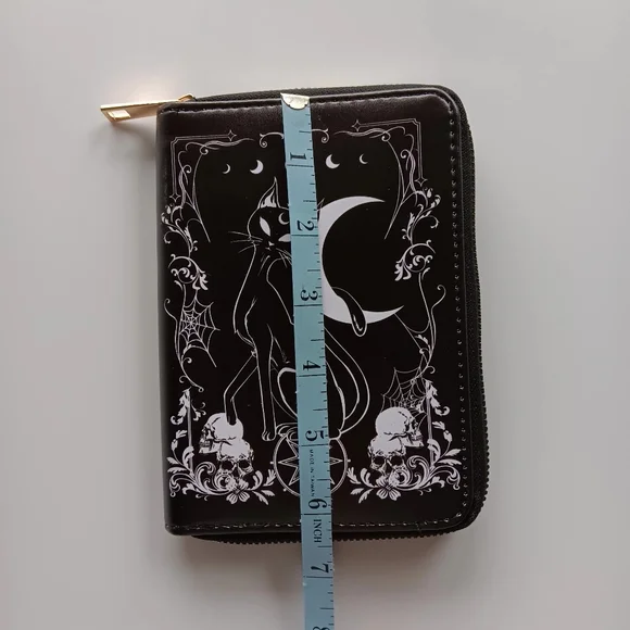Cat and Moon Themed Zip Around Wallet, Black and White - Picture 2 of 5
